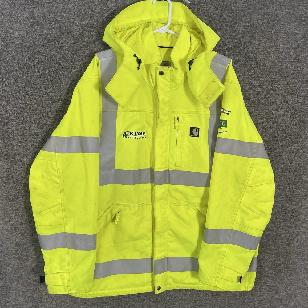 Carhartt Jacket Mens XL Yellow Hi Vis Reflective Hooded Workwear Parka Safety